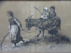 AN AMUSING VICTORIAN charcoal and chalk drawing - children with a donkey, 30 x 45cms