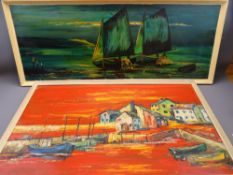 FREDA SANDERSON large oil on board - marine scene, 41 x 110cms and a large oil on board - vibrant