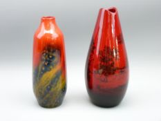 ROYAL DOULTON FLAMBE - 1614 veined vase, 16cms H and 1613 woodcut vase, 17cms H