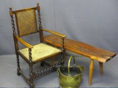THREE VINTAGE & LATER FURNITURE ITEMS to include an oak barley twist armchair with bergere cane back
