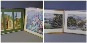 MARGARET KINDER watercolours, a triptych - 'The Old Workshops, Penrhos, Bangor', each section 48 x