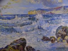 J HUGHES CLAYTON rare oil on board - seascape with feeding gulls to foreground, signed right hand