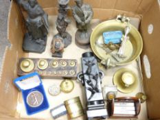 INTERESTING BOX OF MIXED COLLECTABLES including a brass censer, metal and other composition figures,