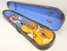 VINTAGE VIOLIN IN HARD CARRY CASE having Rosewood tuning pegs, 60cms overall L, 36cms figured two-