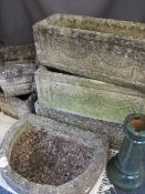 GARDEN STONEWARE including three oblong planters with garland detail ETC