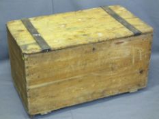 VINTAGE DOVETAILED PINE BLANKET/CAPTAIN'S CHEST having iron top braces, hinges and castors, 52cms H,