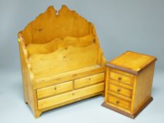 SATINWOOD STATIONERY STAND and a miniature burr walnut crossbanded three drawer chest, 51cms and