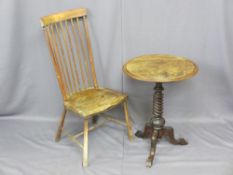 ANTIQUE BURR WALNUT TRIPOD TABLE and a stick back farmhouse chair, the circular top table on a twist