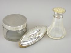 SMALL SILVER, 3 ITEMS to include a silver lidded glass pot, London 1941, an Edwardian nail buffer,
