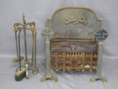 VINTAGE IRON FIRE BASKET, back plate and set of irons on stand, the basket front with Celtic