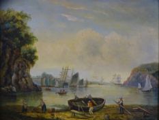 OIL ON BOARD - 20th century, boat workers at shoreline, in a fine gilt frame, 19 x 24cms