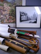 MIXED BOX OF COLLECTABLES to include a quantity of natural wood walking sticks, a copper and brass