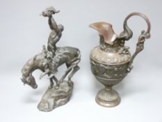 BUCK McCAIN BRONZE SCULPTURE and a cast bronze effect jug, classical style, the sculpture modelled