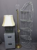 SILVERED FOLDING DISPLAY STAND, two drawer metal filing cabinet, modern brass standard lamp ETC