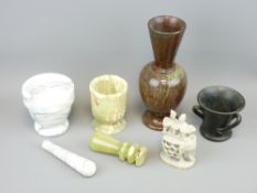 PRINKNASH STYLE THREE-HANDLED ART FORM VASE, serpentine baluster vase, onyx and marble mortar and