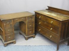 VINTAGE OAK RAILBACK CHEST and a Priory style knee-hole desk/dressing table, 94cms overall height,