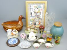 MODERN CHINESE CERAMIC TILE, Crown Staffs Pheasant by J T Jones, a moulded glass flower vase and