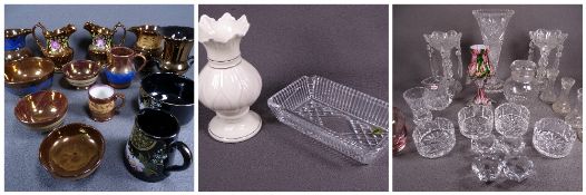 COPPER LUSTRE - approximately 6 jugs, 3 basins and a mug and a black lustre cream jug and sugar