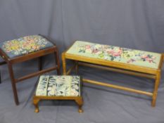 THREE TAPESTRY TOP FOOT STOOLS including a tall example, 48cms H, one short, 21cms H and a long