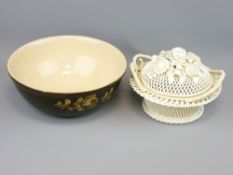 BELLEEK RETICULATED BASKET & COVER and a Denby stoneware mixing bowl, 25.5cms D