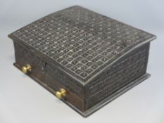 ANTIQUE STYLE CARVED OAK BIBLE BOX with lift-up lid and twin lower drawers, 16.5cms H, 41cms W, 34.