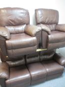 A MODERN BROWN LEATHER EFFECT THREE PIECE LOUNGE SUITE of three seater settee, 95cms H, 205cms W,