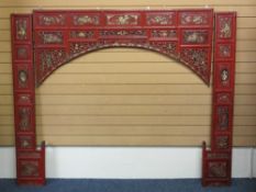 VINTAGE CHINESE RED LACQUER & GILT PAINTED THREE SECTION WALL HANGING having fretwork and raised