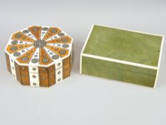 MID 19TH CENTURY VIZAGAPATAM OCTAGONAL BOX with sunburst patterned lid and a green rectangular box