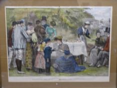 VICTORIAN COLOUR TINTED PRINT titled 'Afternoon Tea at a Lawn Tennis Club Tournament' by E F