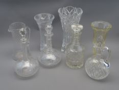GLASSWARE - four good decanters and three heavy glass vases ETC