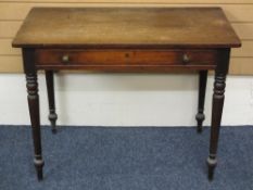 VICTORIAN MAHOGANY SINGLE DRAWER HALL TABLE on turned and tapering supports, 75cms H, 100cms W,