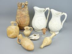 FIRED CLAY POTTERY COLLECTION ANTIQUITIES STYLE, 7 pieces including an oil lamp, a small bust on