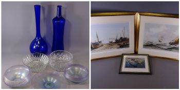 PETER TYSOE IRIDESCENT STUDIO GLASSWARE, three items to include 22cms and 19cms diameter bowls, a