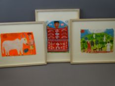 CHRISTOPHER CORR gouache on paper x 3 - hillside landscape with figures and animals, signed, 21 x