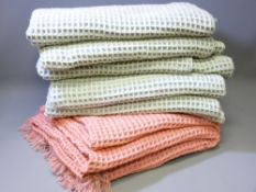 THREE WELSH WOOLLEN HONEYCOMB/WAFFLE BLANKETS bearing Holytex and Trefriw Mill labels, the Trefriw