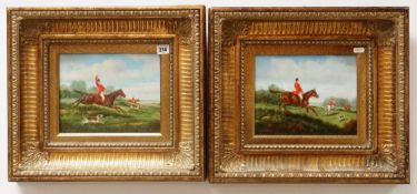 20TH CENTURY SCHOOL oils on board - Victorian fox hunting scenes, bears signature R.Stein, 9 x 24cms