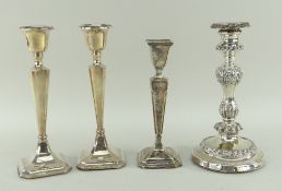 PAIR OF MATCHING SILVER CANDLESTICKS, an EPNS candlestick and another silver candlestick (4)