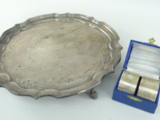 MODERN SILVER SALVER, BIRMINGHAM 1987, ARTHUR PRICE & CO., pie crust rim and three scroll feet,