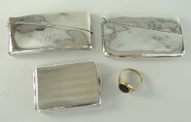 TWO EDWARDIAN PLAIN SILVER CARD CASES WITH HINGED LIDS, engraved monograms and engine turned vesta