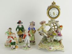 DRESDEN FIGURAL PORCELAIN CLOCK & FIVE GERMAN PORCELAIN FIGURINES (6)