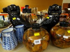 PAIR OF ROYAL BONN LEAF DECORATED GLOBULAR VASES, pair of Staffordshire spaniels, two jugs