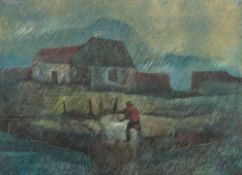 JOHN FARRINGTON oil on canvas - figure at dusk, entitled verso 'Welsh Farm III', dated 1969, signed,