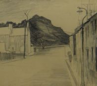 GEORGE CHAPMAN pencil - street scene with figures, entitled 'Slag Heap, Wattstown 1958', signed,