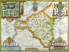 JOHN SPEED antiquarian coloured map - 'The Countie of Radnor described and the shyretownes