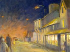 GARETH PARRY oil on board - street at night with illuminated shop window, figures and cars, entitled