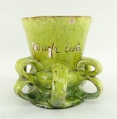 EWENNY POTTERY TYG lime green glazed and inscribed in sgraffito 'Dwfr lestr yr hen Gymru 1677' (