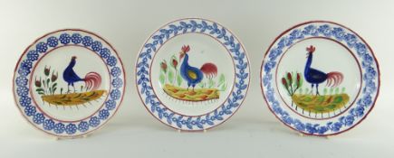 THREE LLANELLY POTTERY COCKEREL PLATES & SIMILAR DISH comprising small plate, 22cms diam, large