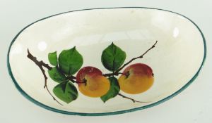 RARE LLANELLY POTTERY GONDOLA SHAPED BOWL painted with two apples on a branch, 25cms Condition