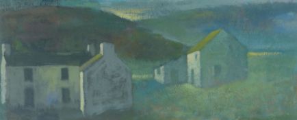 ANEURIN JONES oil on card - whitewashed farm and buildings in landscape, 18 x 44cms