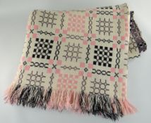 VINTAGE TRADITIONAL WELSH WOOLLEN BLANKET with pink and black geometric design to a cream ground,